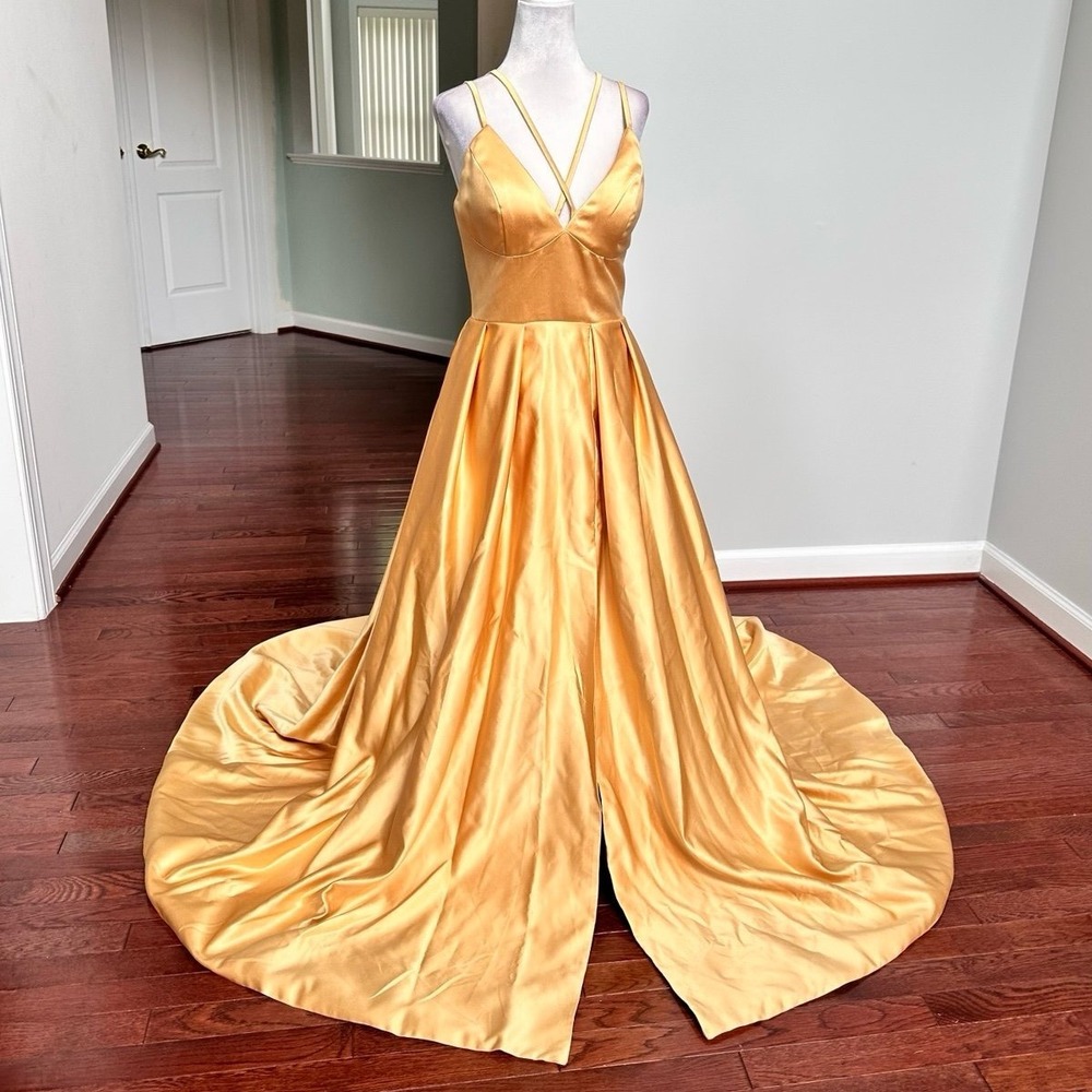 HEBEOS Luxury Gold Satin Strappy Sexy Plunge Feminine Ethereal Gown Dress
